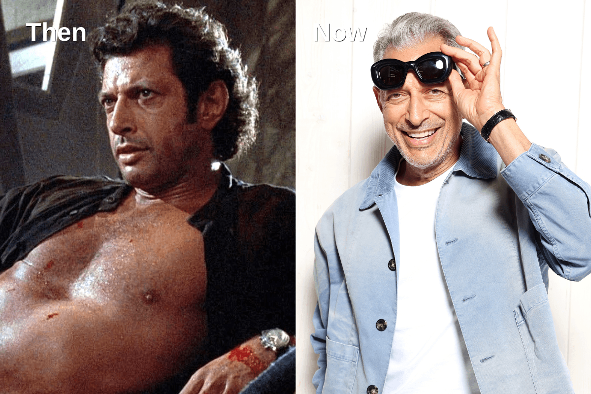 A side-by-side comparison of a younger Jeff Goldblum and him today