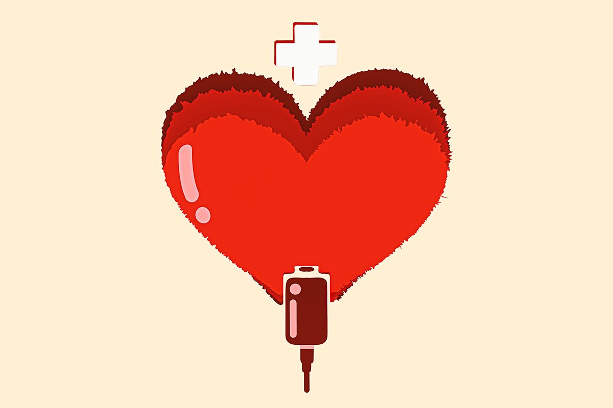 An illustration of a heart with a blood donor bag attached
