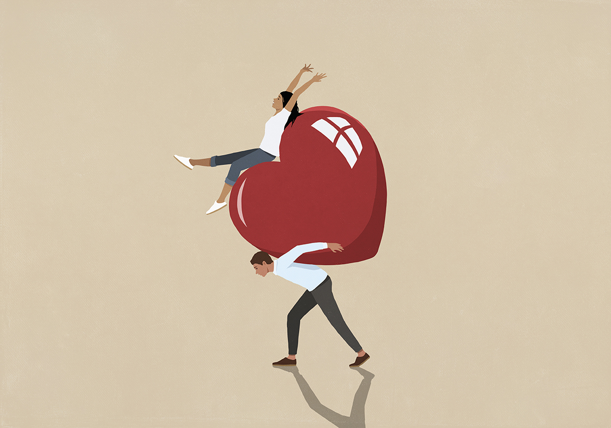An illustration of a man carrying a giant heart on his back. A woman is sat on top of the heart with her arms in the air.
