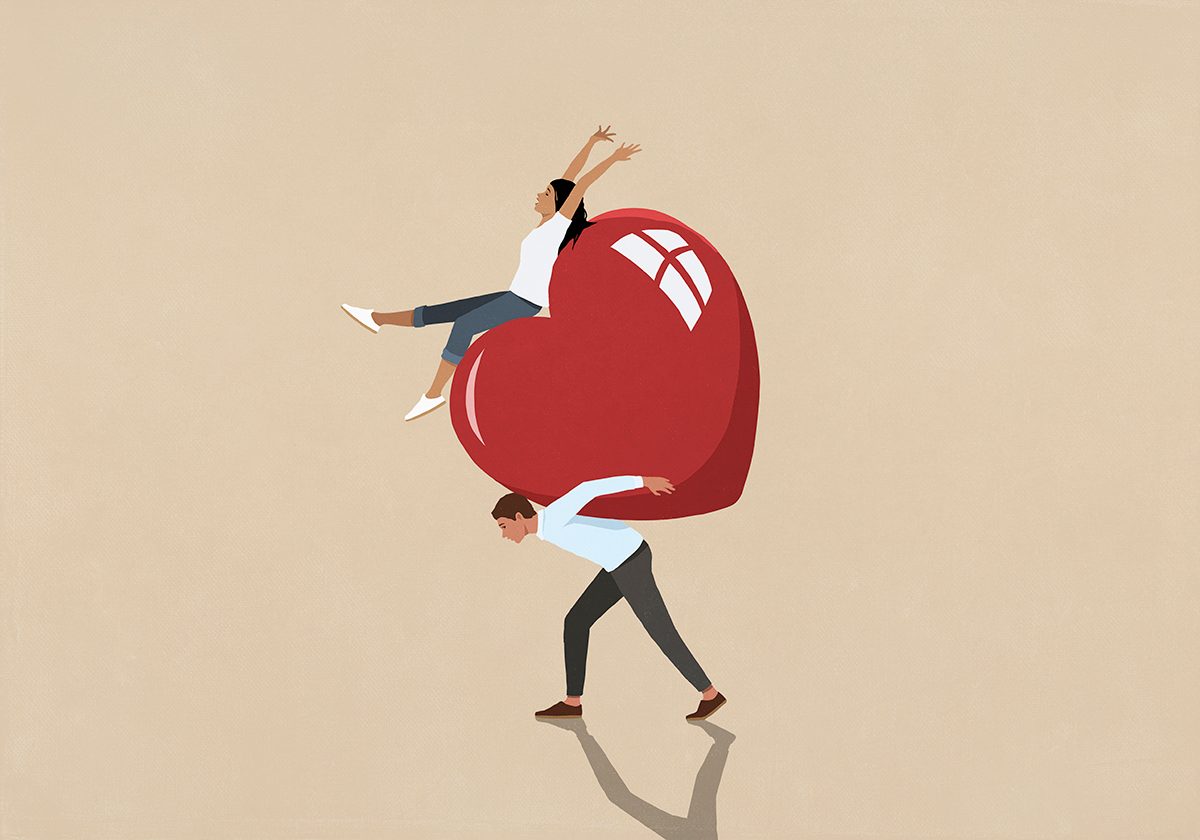 An illustration of a man carrying a giant heart on his back. A woman is sat on top of the heart with her arms in the air.