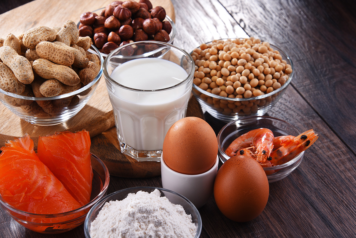 A selection of common food allergens, including fish, eggs, seafood, dairy, nuts and soybeans