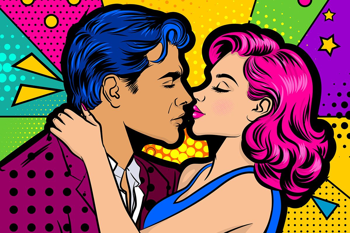 A colourful pop-art illustration of a man and a woman kissing