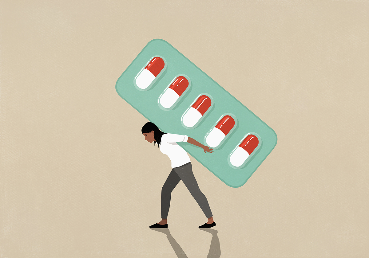 An illustration of a woman carrying a large packet of pills on her back