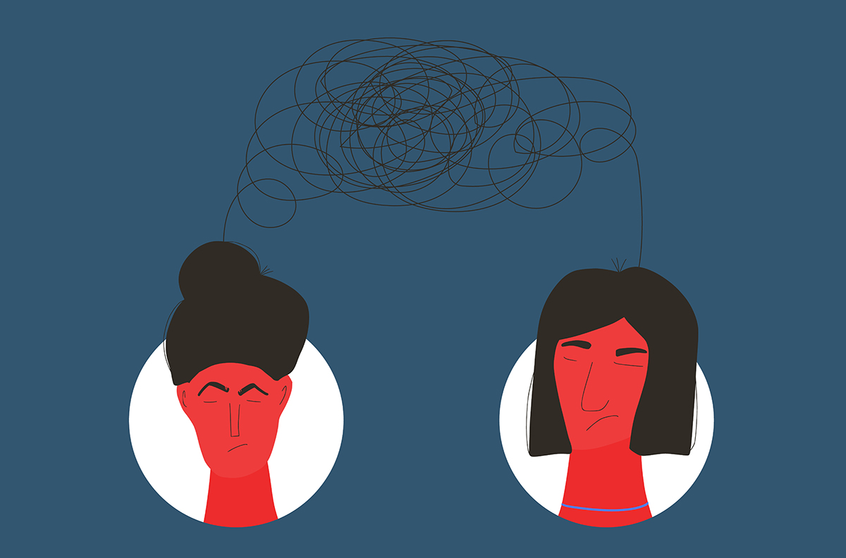 An illustration of two women who both have confusing, negative thoughts about each other