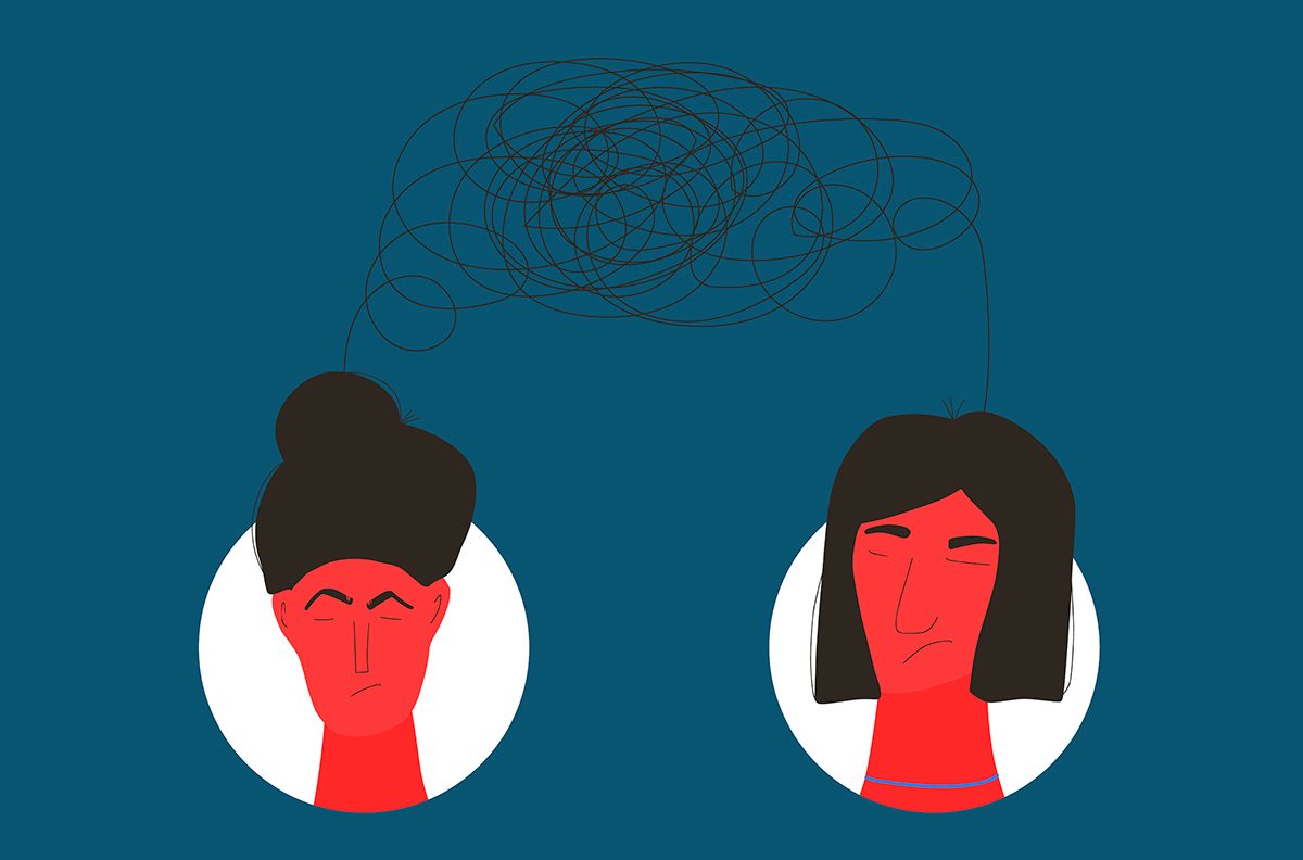 An illustration of two women who both have confusing, negative thoughts about each other