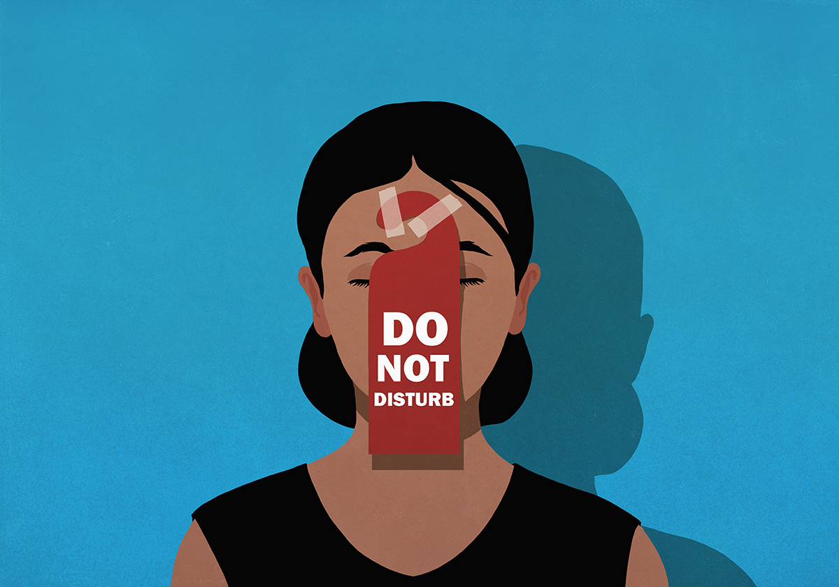An illustration of a woman with a 'Do Not Disturb' sign taped to her face