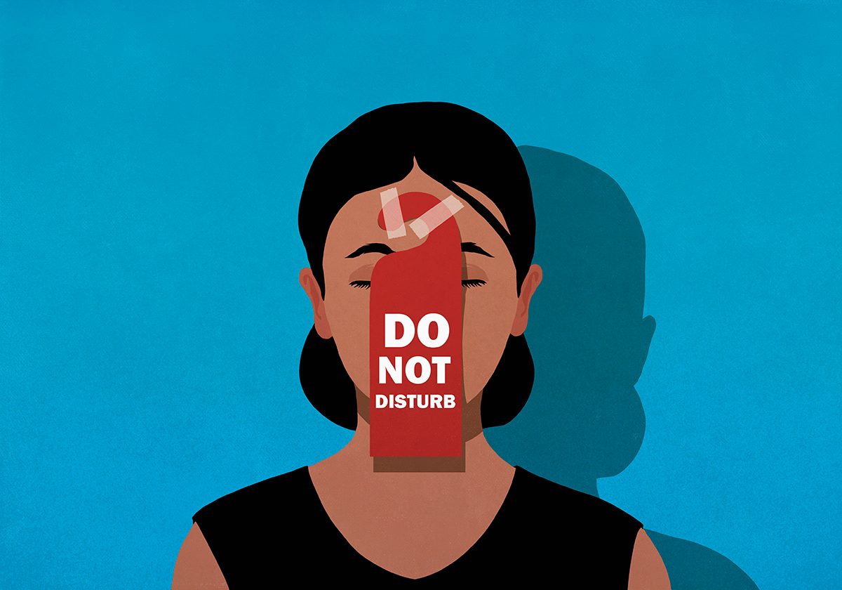 An illustration of a woman with a 'Do Not Disturb' sign taped to her face