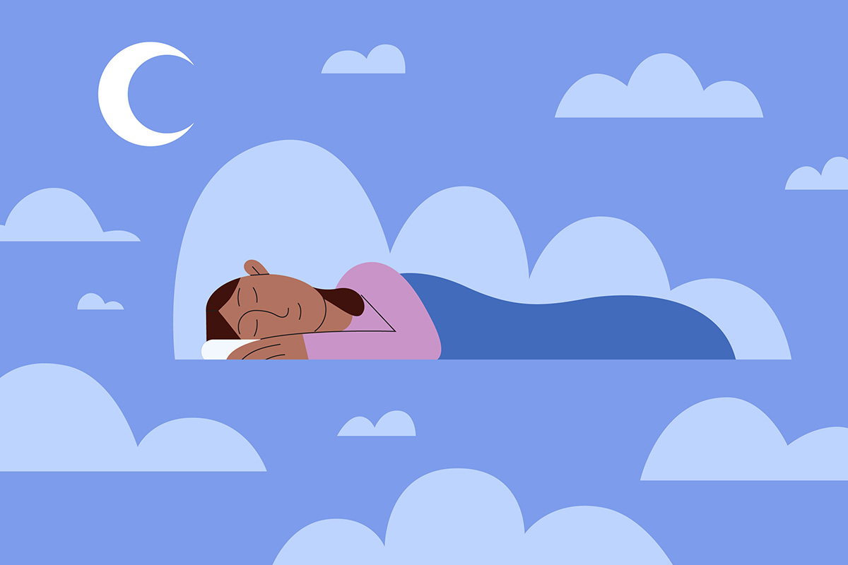 An illustration of a woman sleeping on a cloud in a night sky