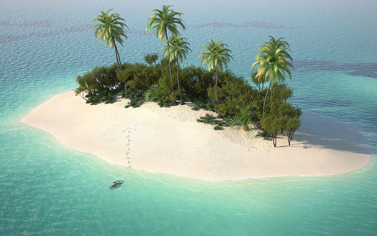 A woman diving in turquoise water next to a desert island