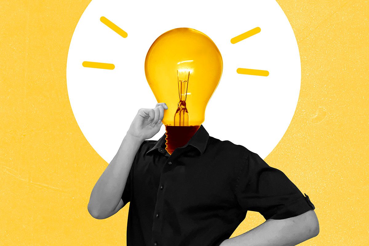 A person with a lightbulb head against a yellow background