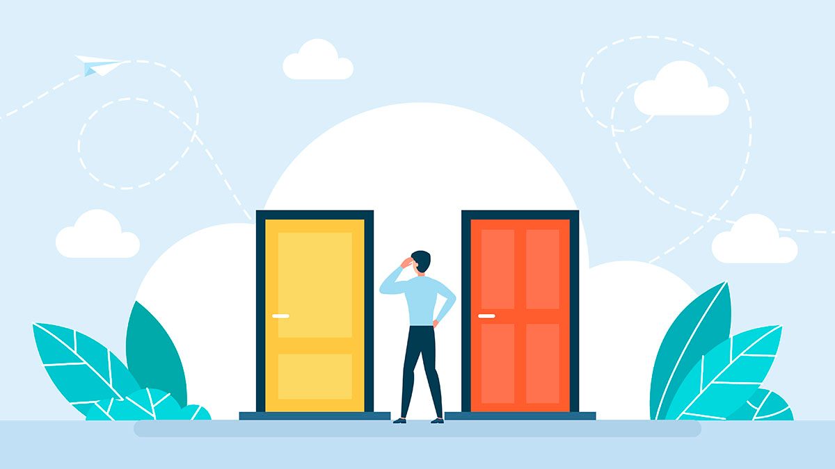An illustration of a man standing in front of two doors