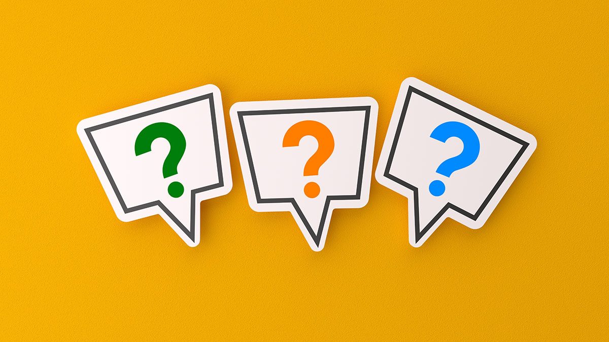 White speech bubbles with question marks in green, orange, and blue against a yellow background