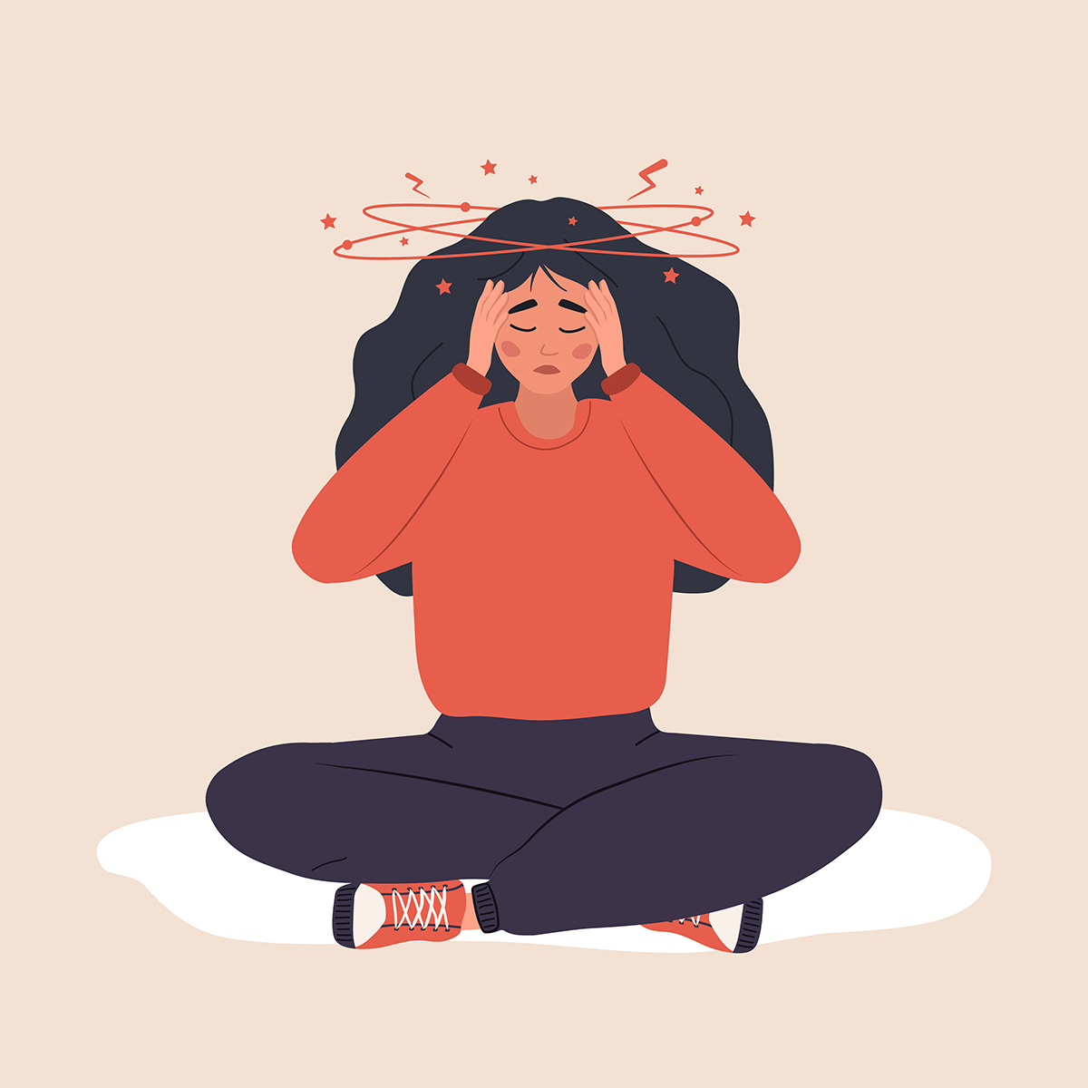 An illustration of a woman sitting crossed-legged with rings around her head to represent dizziness