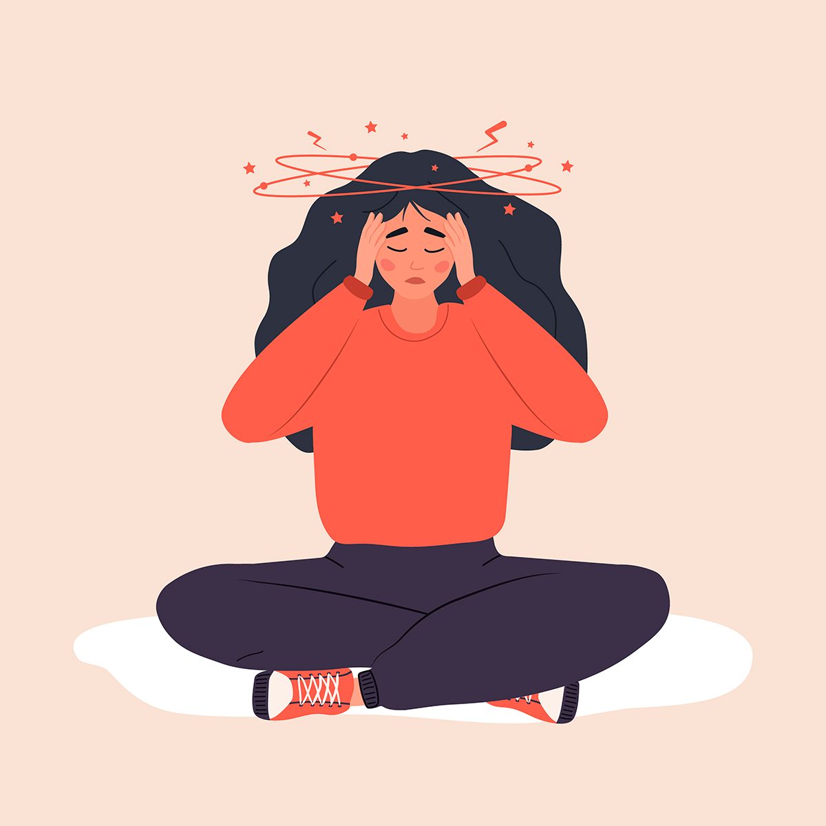 An illustration of a woman sitting crossed-legged with rings around her head to represent dizziness
