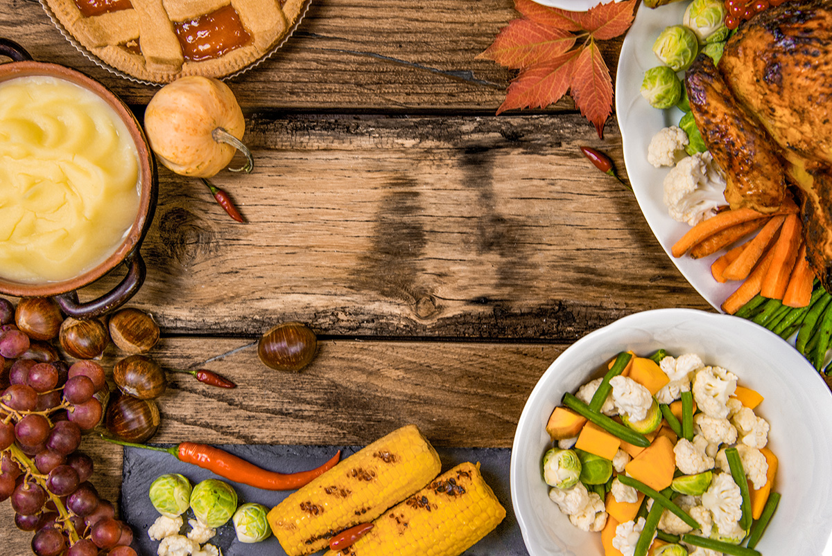 Autumnal foods on a rustic wooden surface