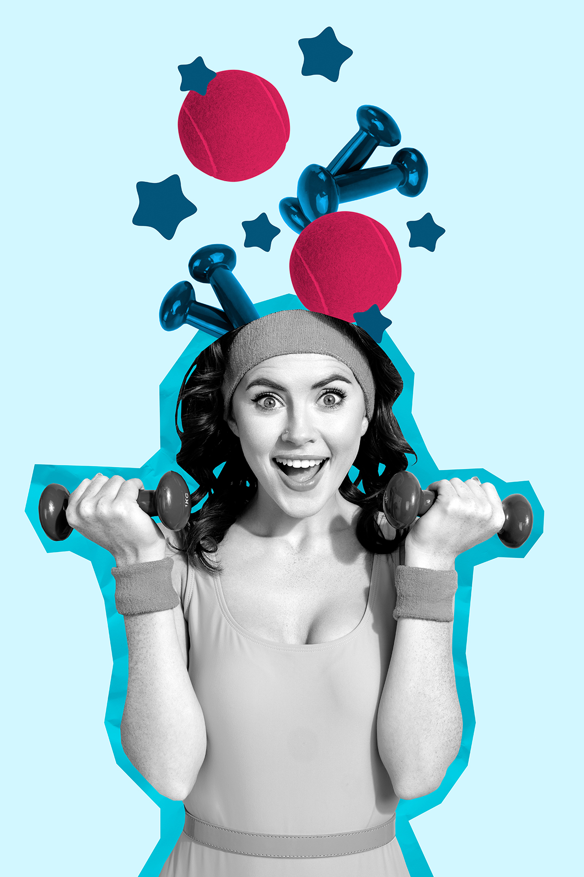 A collage-style image of a woman holding dumbbells 