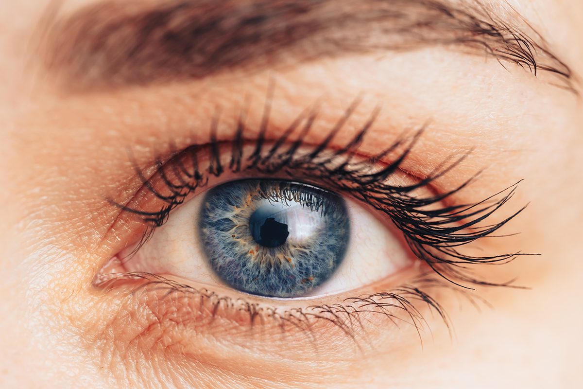 A close-up of a blue female eye