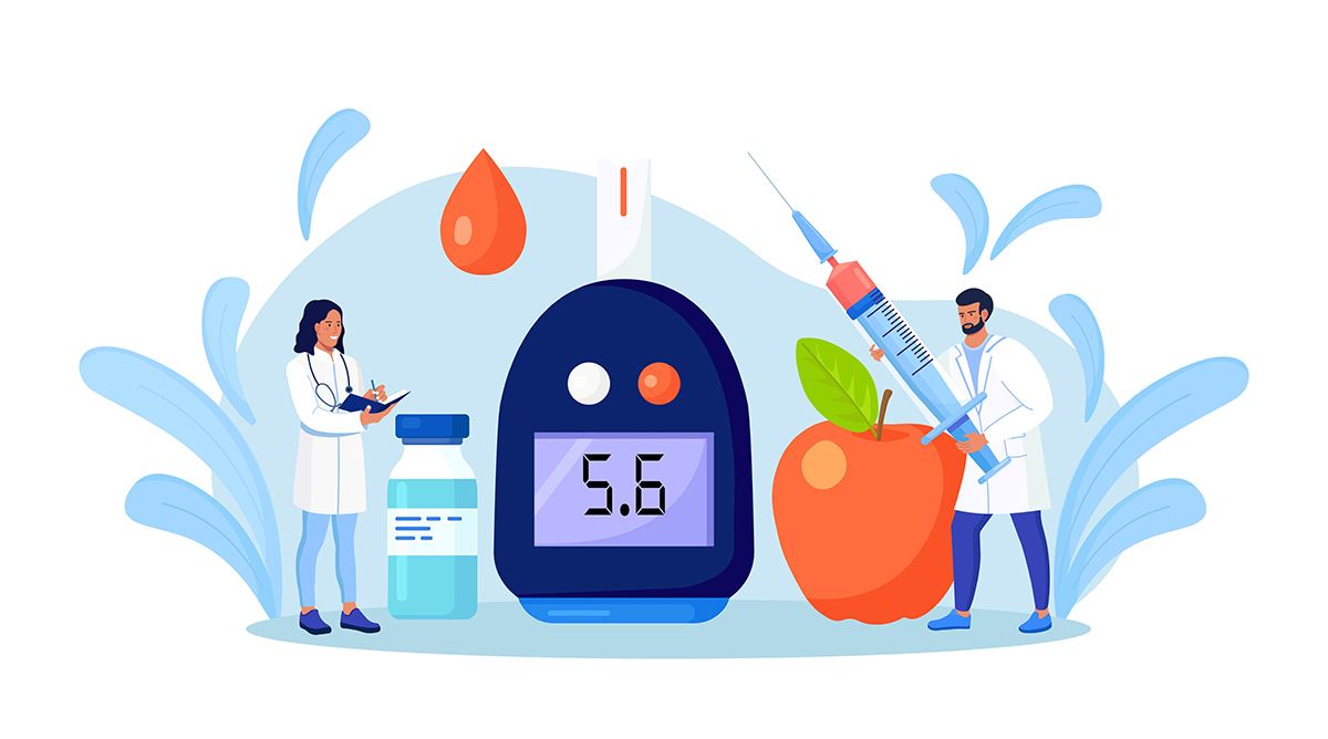 An illustration of doctors testing blood for glucose using a glucometer.