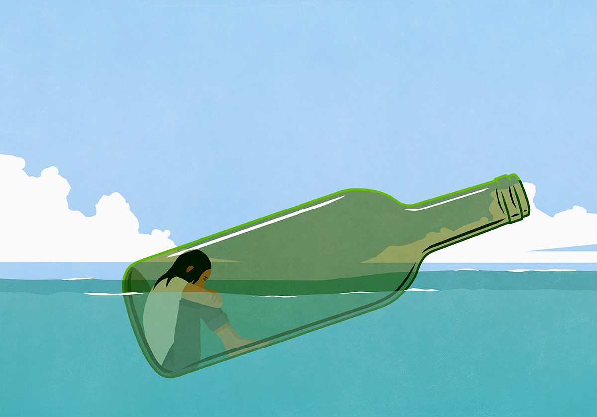 Illustration of of a woman floating in a glass bottle in the sea