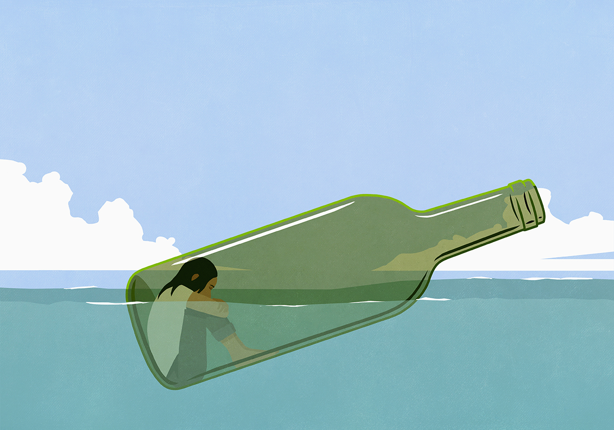 Illustration of of a woman floating in a glass bottle in the sea