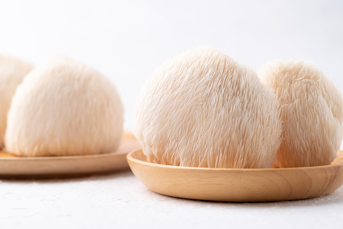 Lion’s mane mushrooms in wooden dishes