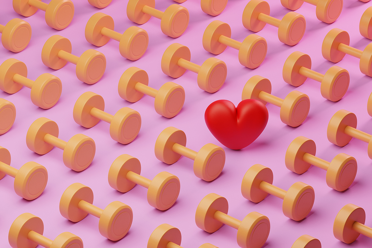 A pattern of orange dumbbells is arranged on a pink background surrounding a heart.