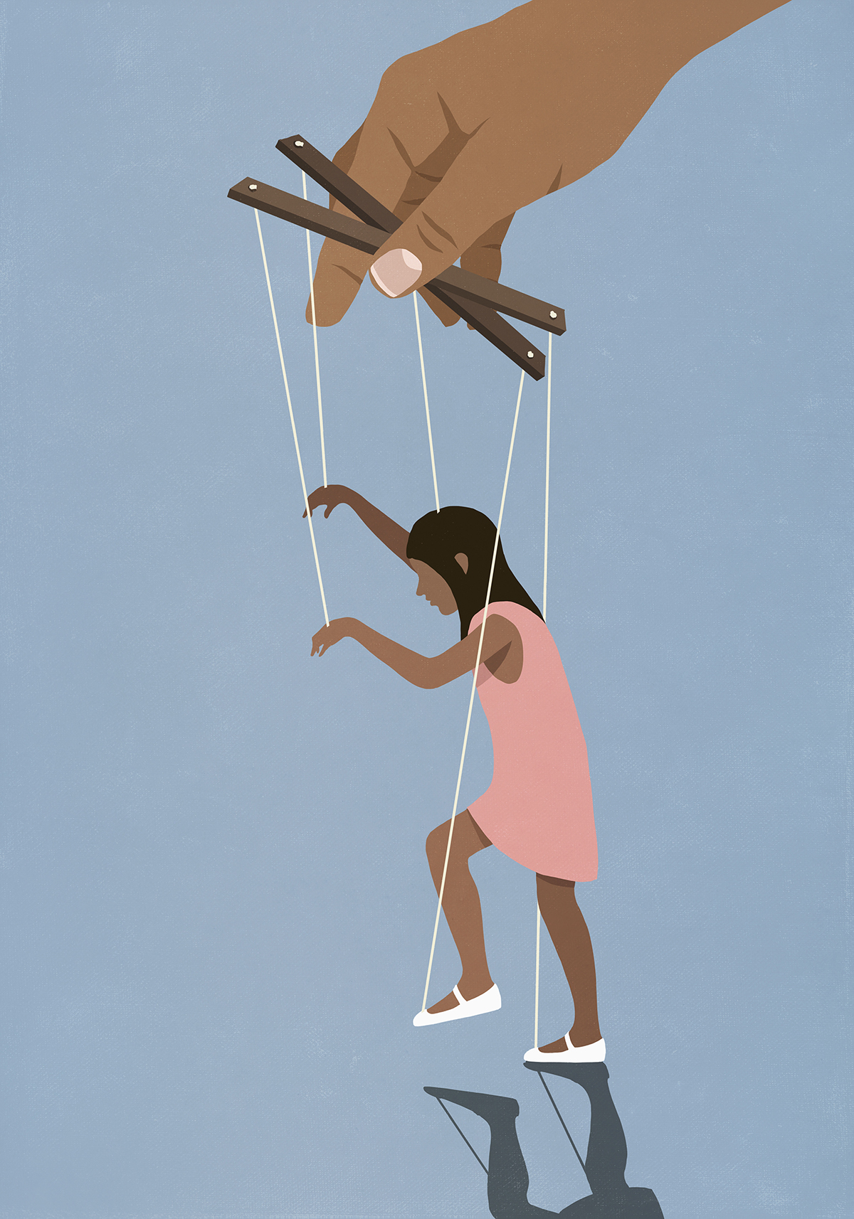 An illustration of a hand controlling a woman attached to puppet strings