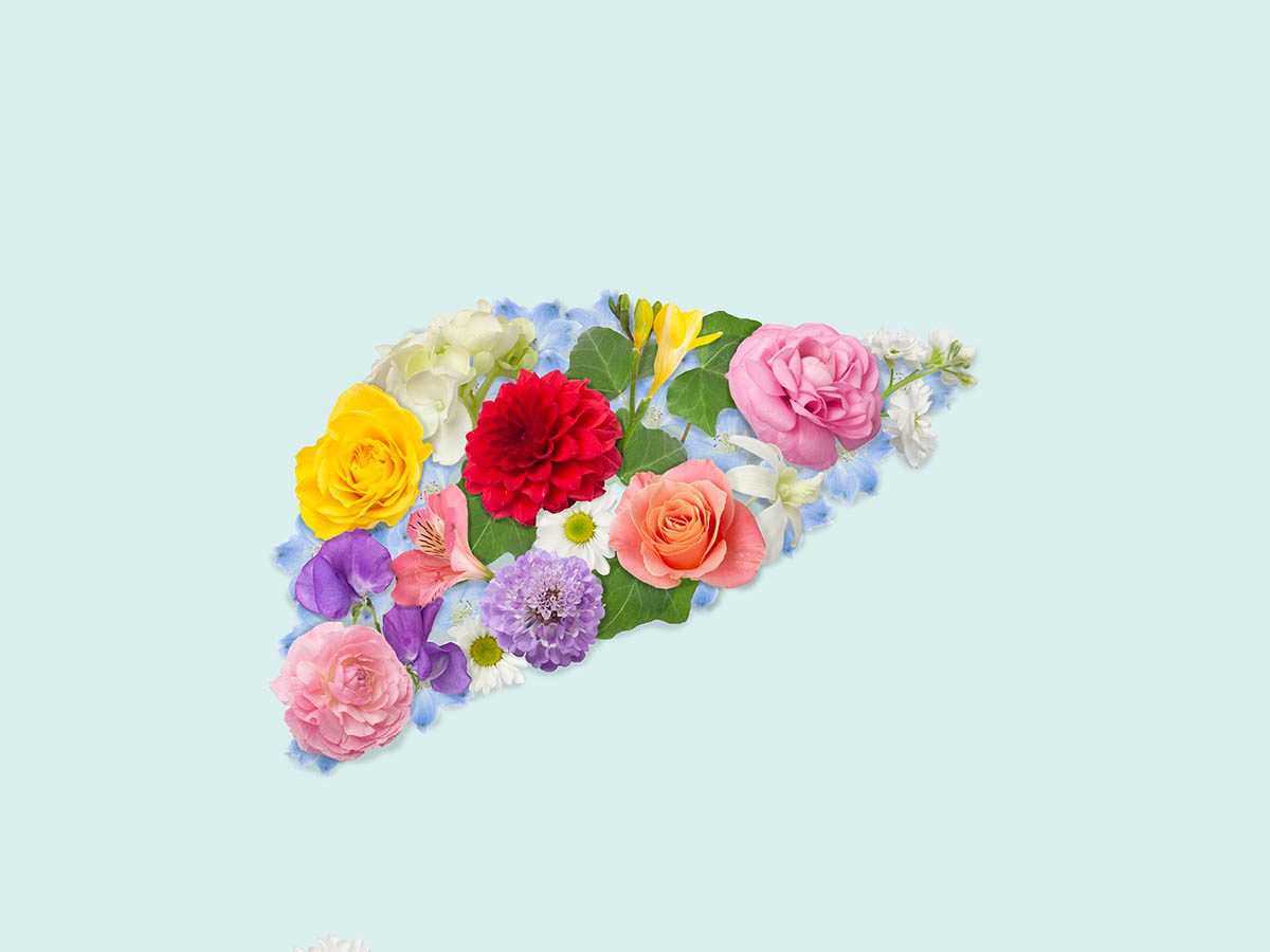 A collage of flowers, including roses, lilies, and violets, are arranged in the shape of a liver against a light blue background.