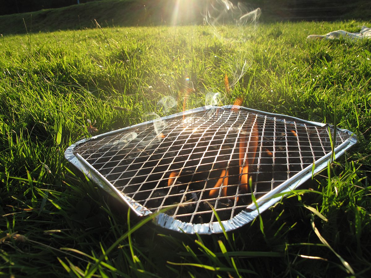 A disposable barbecue in a grassy park