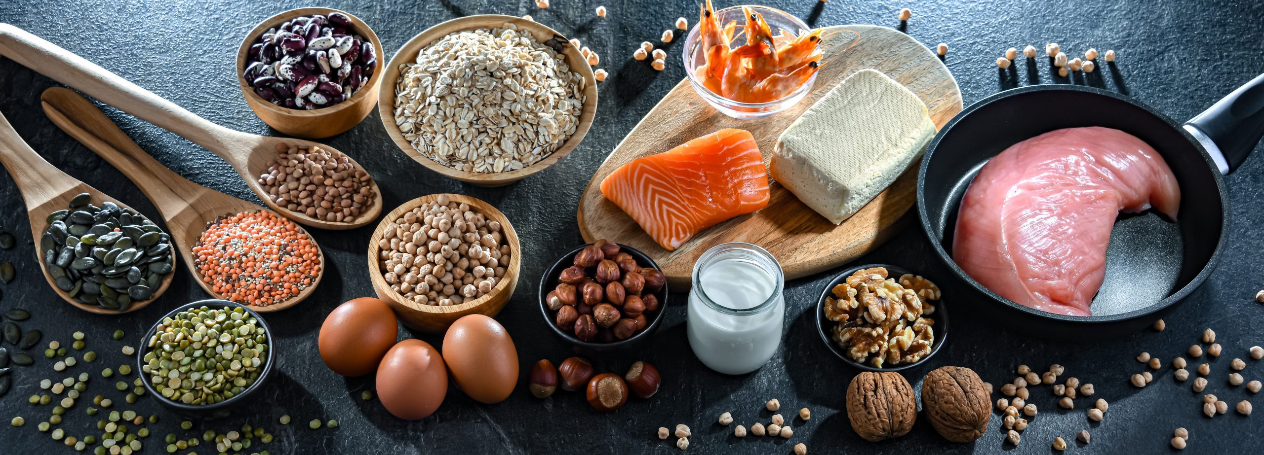 An array of high-protein foods, including meats, eggs, dairy products, oats, and legumes